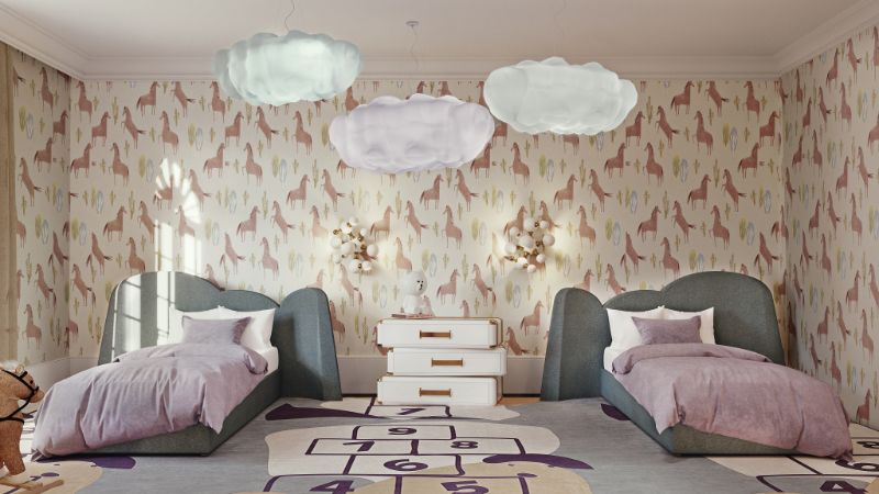 The Best Interior Design Rug For The Avalon Bedroom, children bedroom with Mr Potato rug, cloud lamps, and white side table