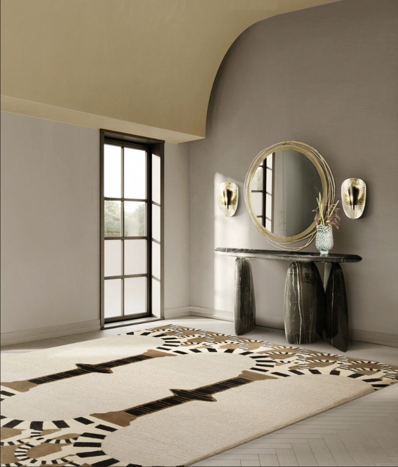 Contemporary hallway with Apollo rug in neutral colors with marbled console and round gold mirror