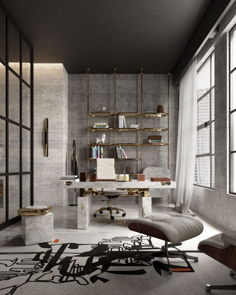 modern office with inkage rug, marbled desk with golden details