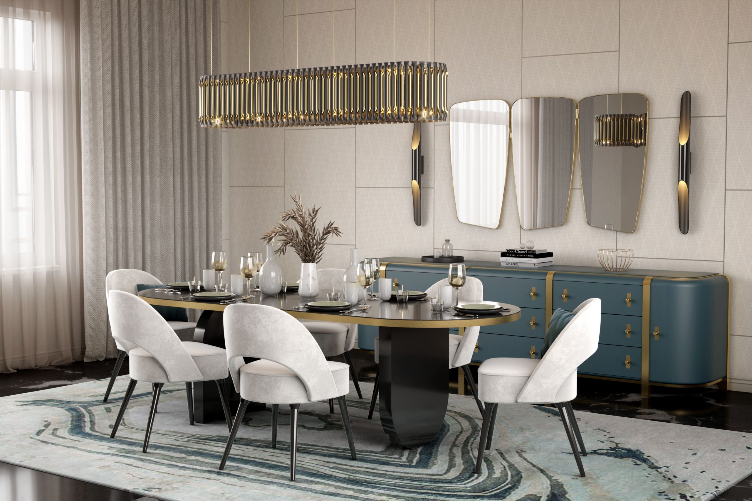 modern classy dining room with agatha rug, velvet chairsm and golden mirror