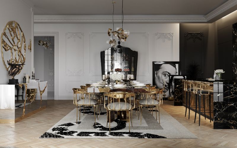 Luxurious dining room with Imperial snake rug with dining chairs and hanging lights
