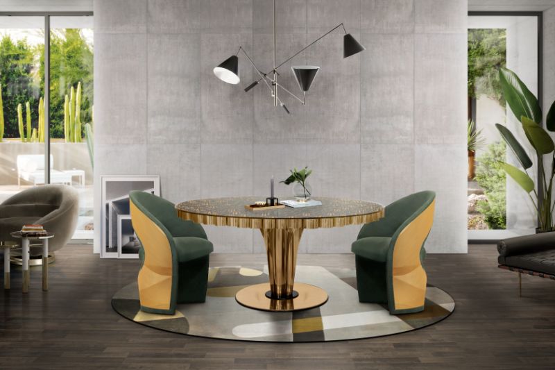The Joh rug is one of the most popular mid-century rugs with an amazing geometric design and colors that match with the dining chairs. The round modern table and suspension lights add elegance to this ambient creating an awesome space.