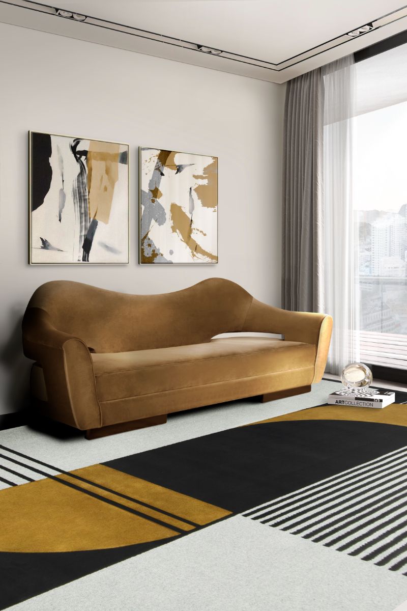 Modern living room with a minimalist design. The Antelope rug covers the floors of this living room with style thanks to its geometric monochromatic lines. New RUG'SOCIETY Catalogue 2022 With Exclusive Rugs