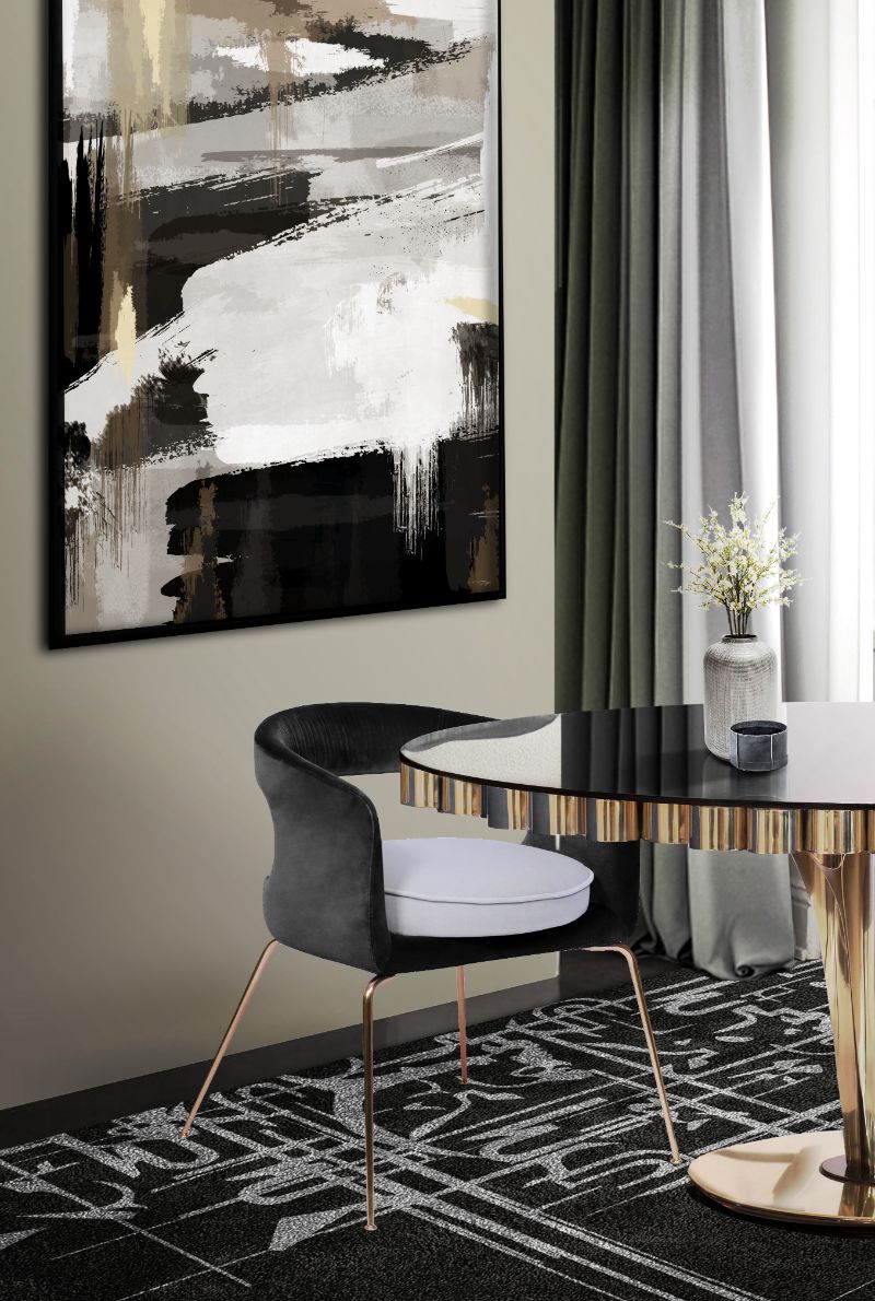 Modern black and gray dining room with BLACK INK RUG. The Best Minimalist Rugs For The Dining Room