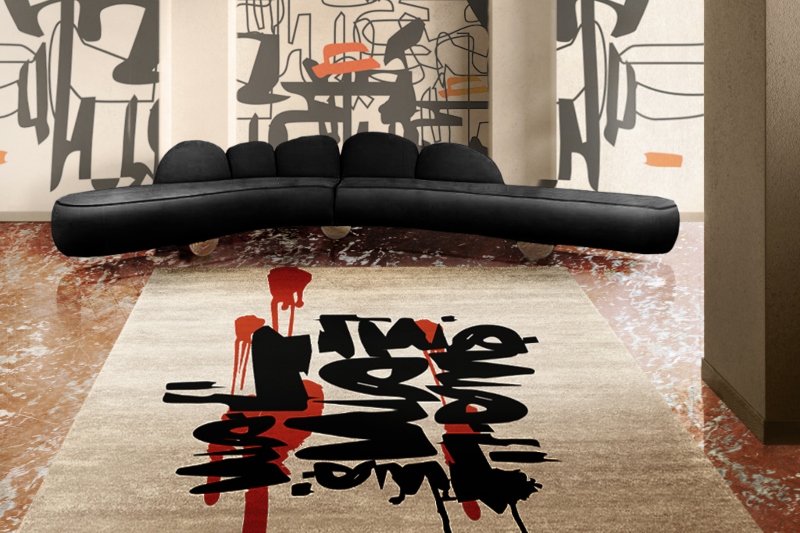 modern living room with urbam rug, this modern black and white rug with a street art design is stunning.