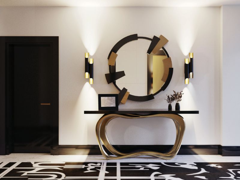 modern entryway with the black ink runner rug in black and white with urban design and console and round mirror.