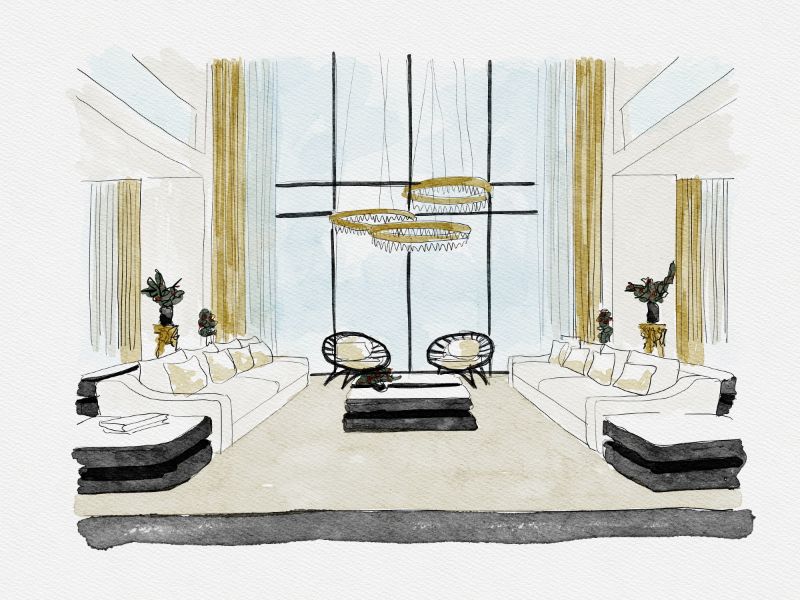 Modern living room with white area rug. Living room inspiration: The Dendur Sitting room