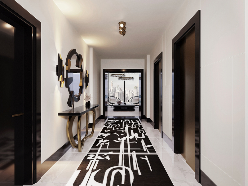 Long hallway with the BLACK INK RUG a runner carpet in black and white, perfect for narrow hallways. One Of The Best Decorative Runner Rugs Of Fifth Avenue