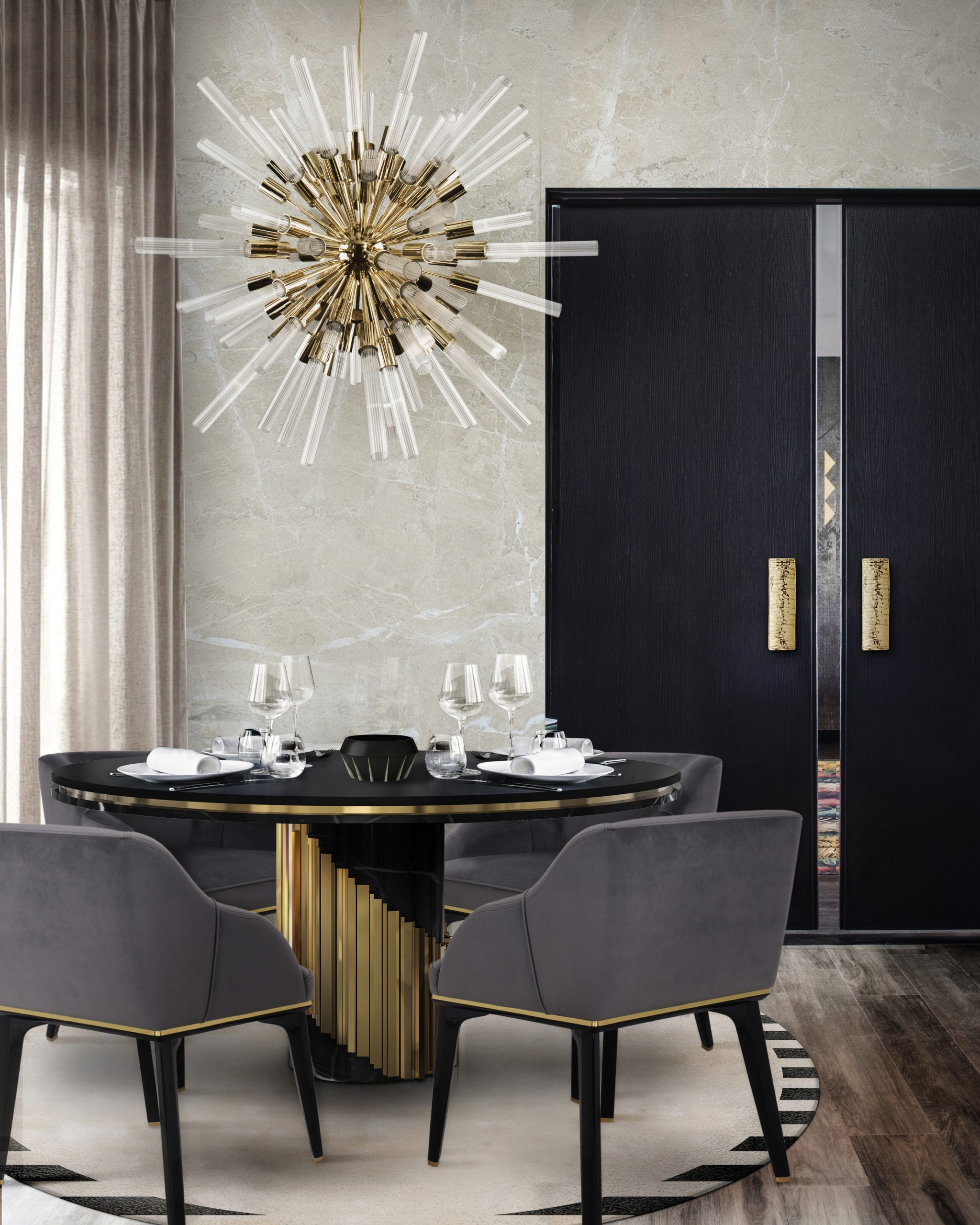 elegant modern contemporary dining room with round rug with stiped edges.  Modern Rug Ideas To Revive Your Dining Room