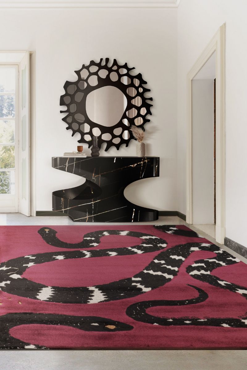 a modern contemporary hallway decor with vibrant red runner rug. The Best Botanical Rugs With A Mystical Aura
