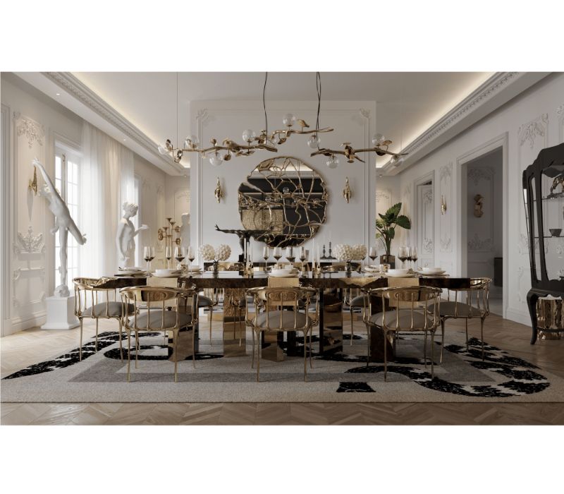luxurious dining room with neutral rug with beige tones. The Best Minimalist Rugs For The Dining Room