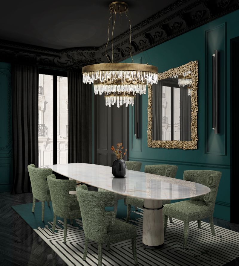 modern contemporary dining room with green rug that has stripes, a chandelier and marble dining table. The Best Modern Rugs To Match With Marble Furniture