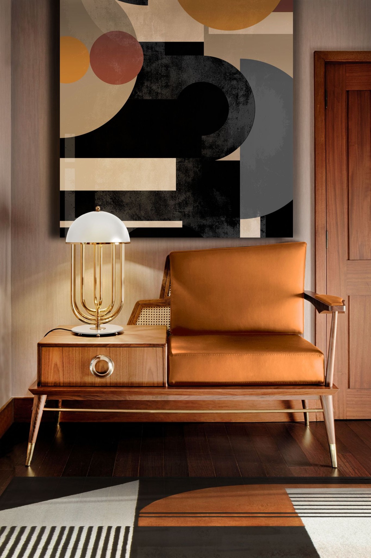 iSaloni exhibitors list for Salone Del Mobile 2022: midcentury decor with black and orange rug