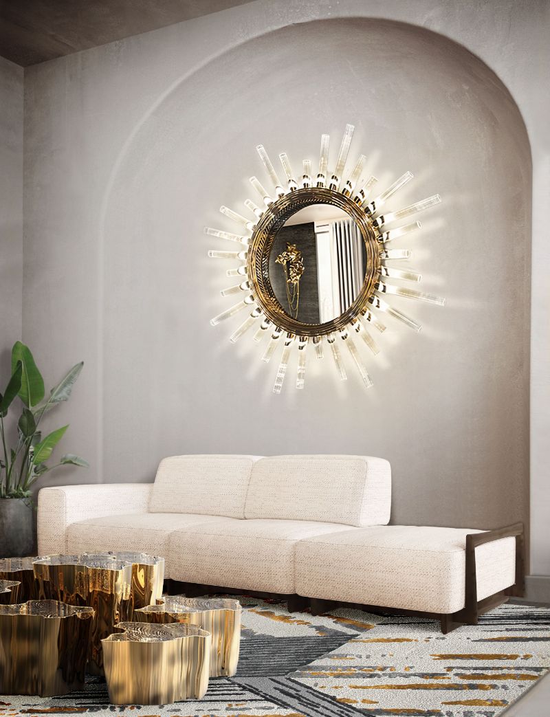 Contemporary Rugs: modern living room with gray and golden rug with round mirror and center table with white sofa