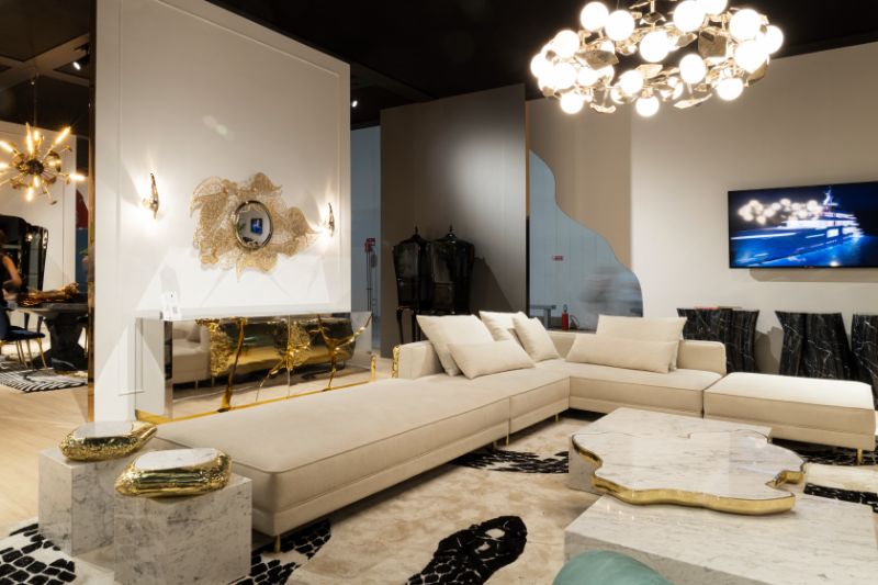 contemporary classic living room in cream tones with area rug with a snake design .