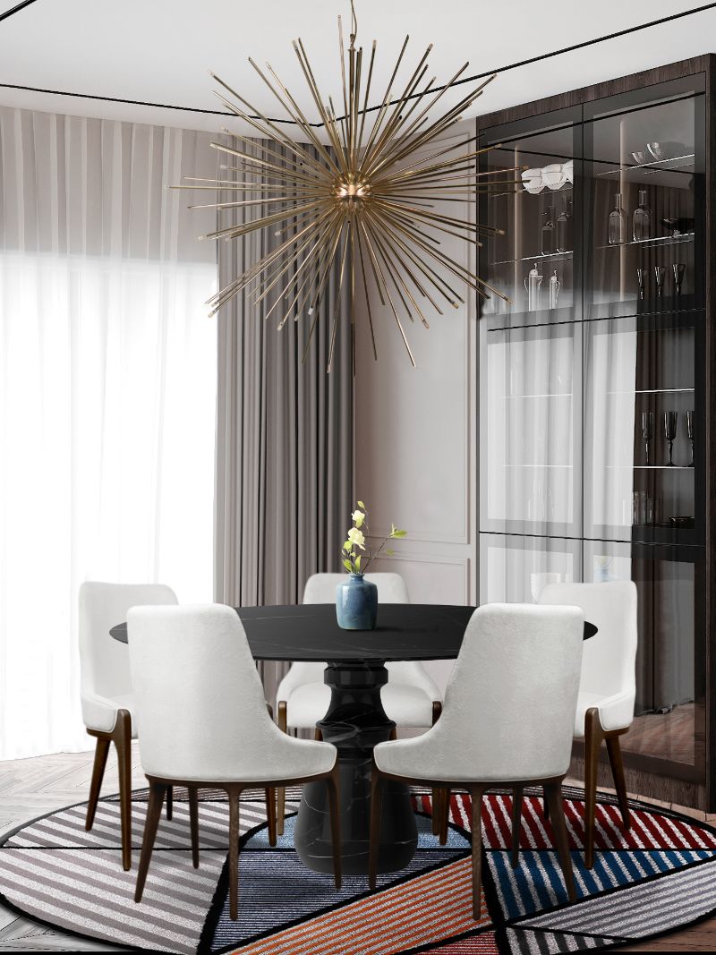 summer decorating ideas for dining room with round rug in different colors.