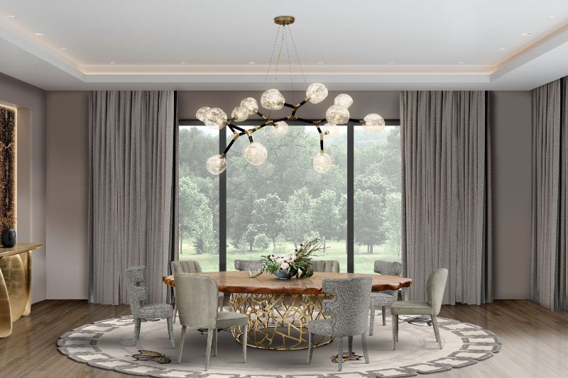 Design Guide: Style Your Interior With Contemporary Rugs. Neutral round rug with suspension lights for contemporary dining set