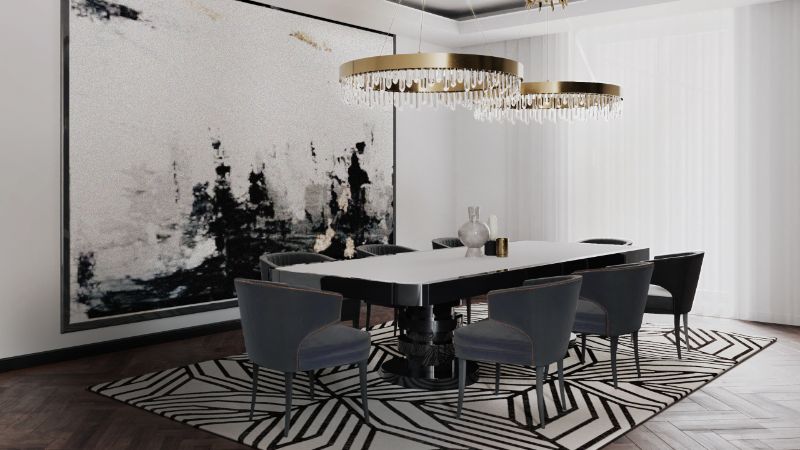 Minimalist and Elegant Dining Room Area Rugs with black and white geometric rug