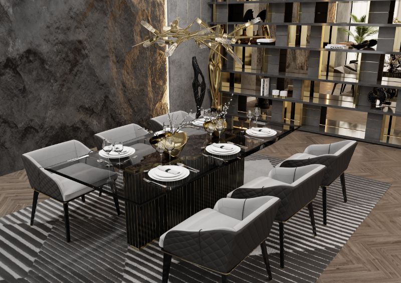 Minimalist and Elegant Dining Room Area Rugs. All gray dining room  decor with geometric rug and golden suspension lights