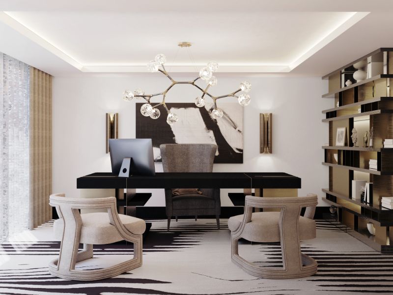 modern home office design with black and white rug and beige armchairs.