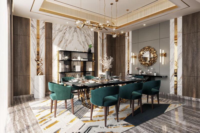 dining room décor with classy design and golden accents. Green chairs and gray and gold area rug