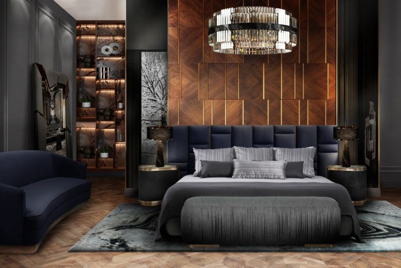 Bedroom Design Inspirations To Create A Luxurious Space, Blue and gray  contemporary bedroom design with blue abstract agatha rug