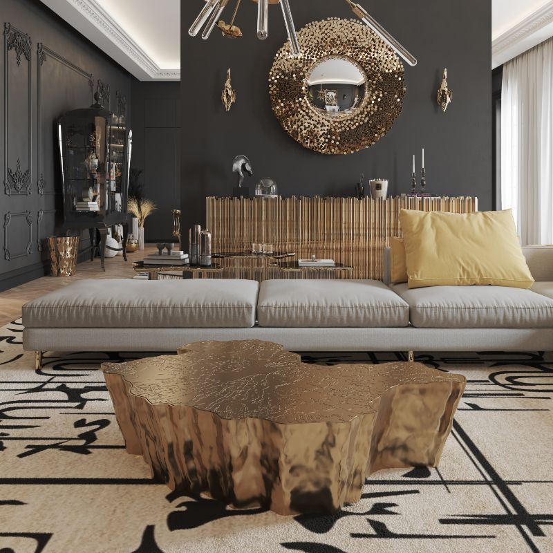 living room design ideas with white and black area rug and golden center table with gray sofa
