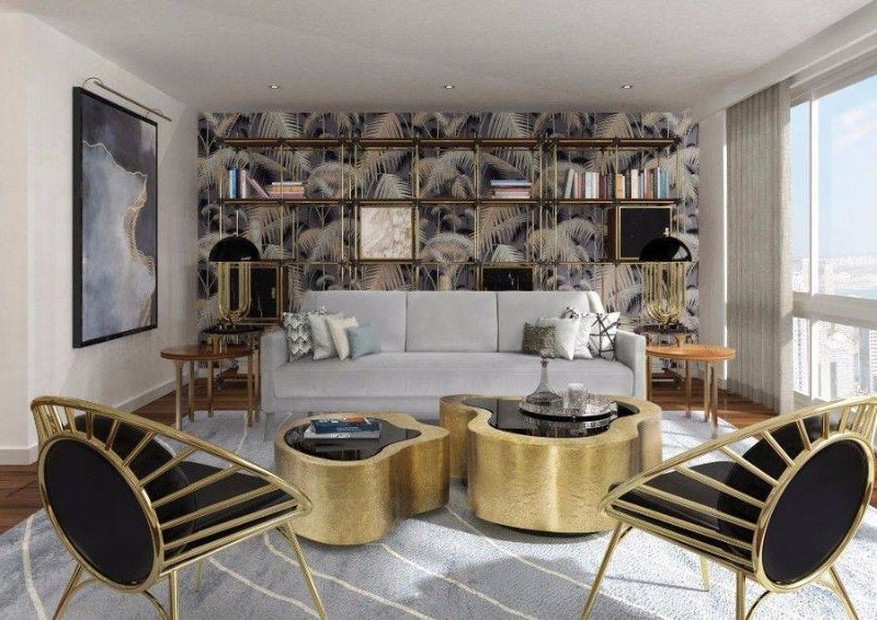 modern living room decor with blue area rug and golden center table made of brass