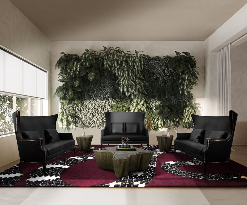 feng shui living room with biophilic design and a red area rug with a snake design.
