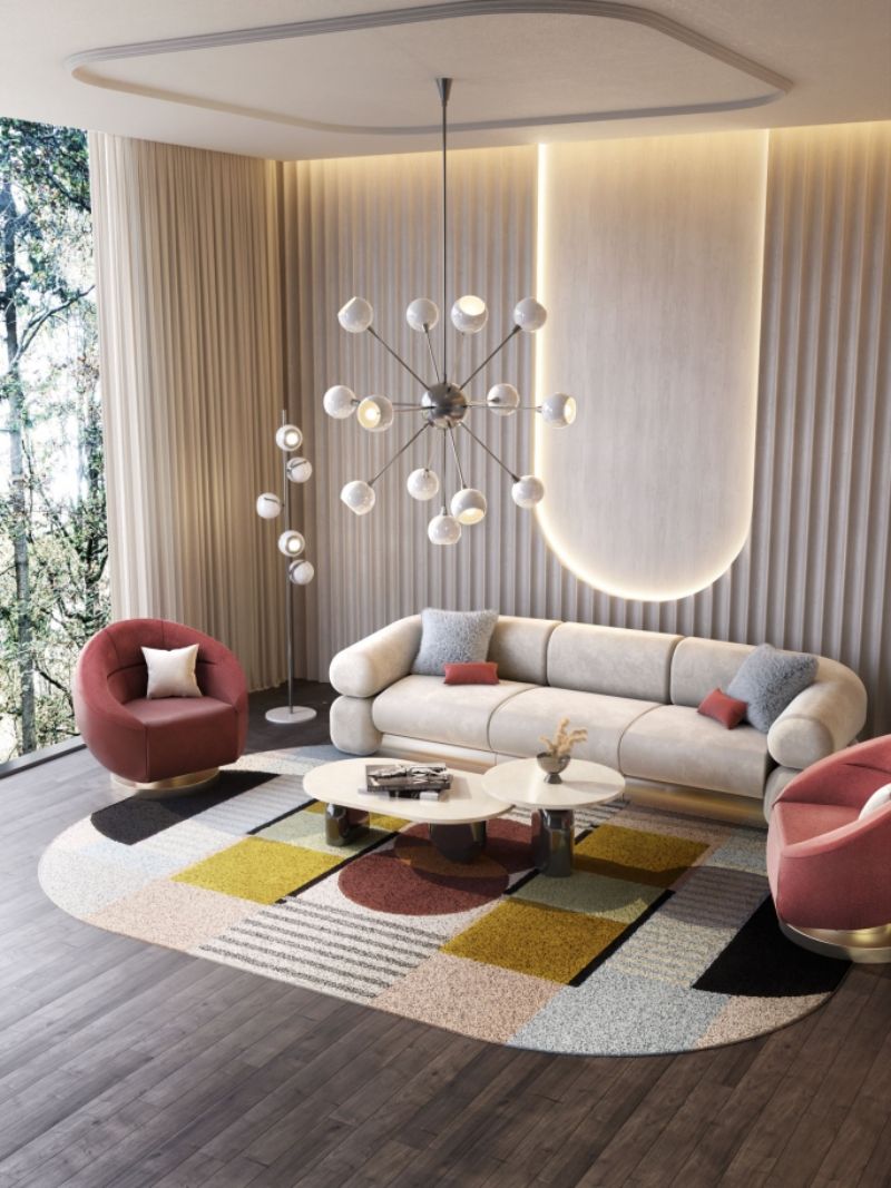 feng shui living room with midcentury design and colorful rug with geometric pattern