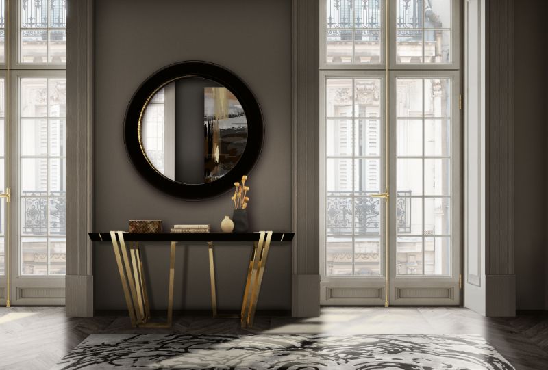 ideas for hall decor A minimalistic interior design is awesome, a simple rug with a sideboard and mirror can transform a hall. The MERFILUS RUG is a stunning piece that will bring some fluidity to this room.