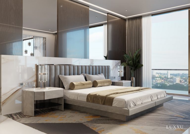 Luxurious Interior Home Decor Ideas. modern bedroom decor with geometric rug in gray and gold