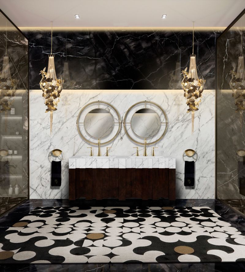 black and white marble bathroom. The Yarsa Rug is fantastic to add some depth and charisma to this black and white marble bathroom decor.