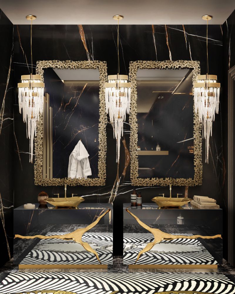 Luxurious bathroom decor with a black, white and gold rug that matches the mirrors and suspensions ilghts and washbasin, modern rug Modern Rugs For A Chic and Timeless Decor