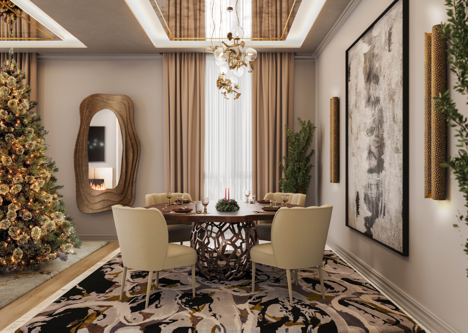 Luxurious and contemporary dining room design with earth tones and Madeira Rug - Uncover Luxurious and Unique Christmas Decor Ideas 