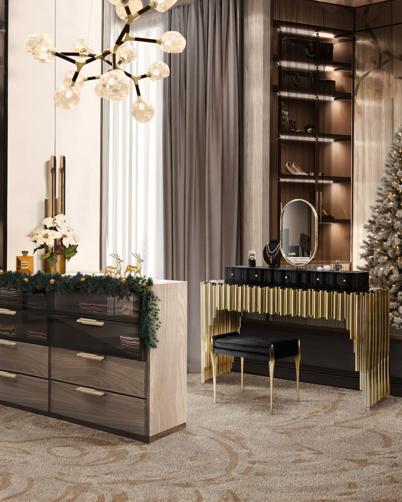 Luxurious dressing room design with Merfilus Square Rug - Uncover Luxurious and Unique Christmas Decor Ideas 