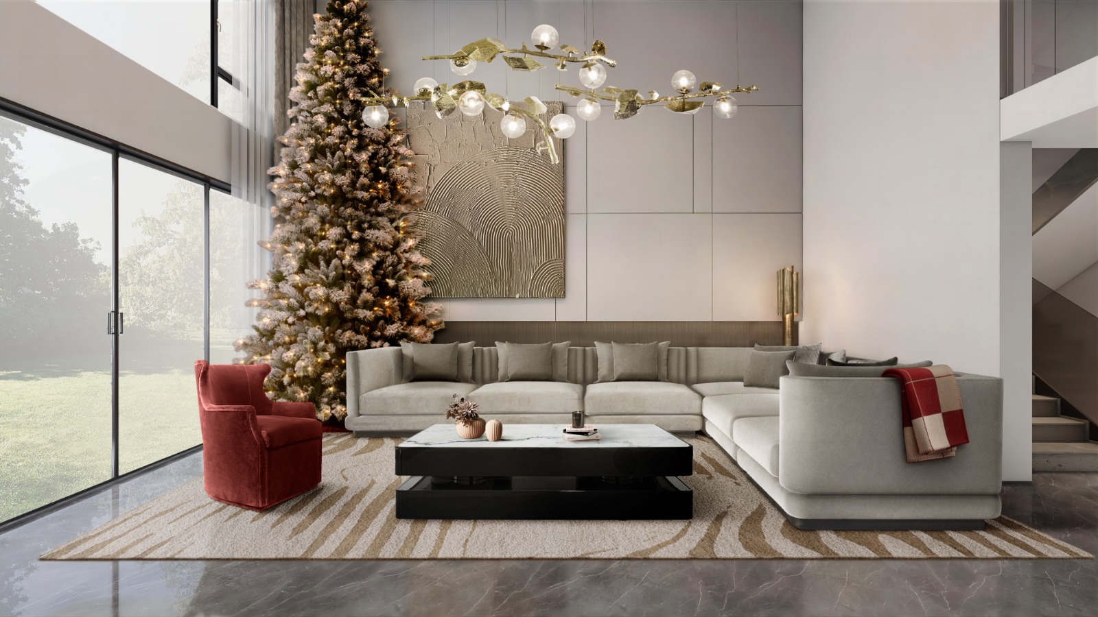 Modern and luxurious living room design with Kotta Rug - Uncover Luxurious and Unique Christmas Decor Ideas 