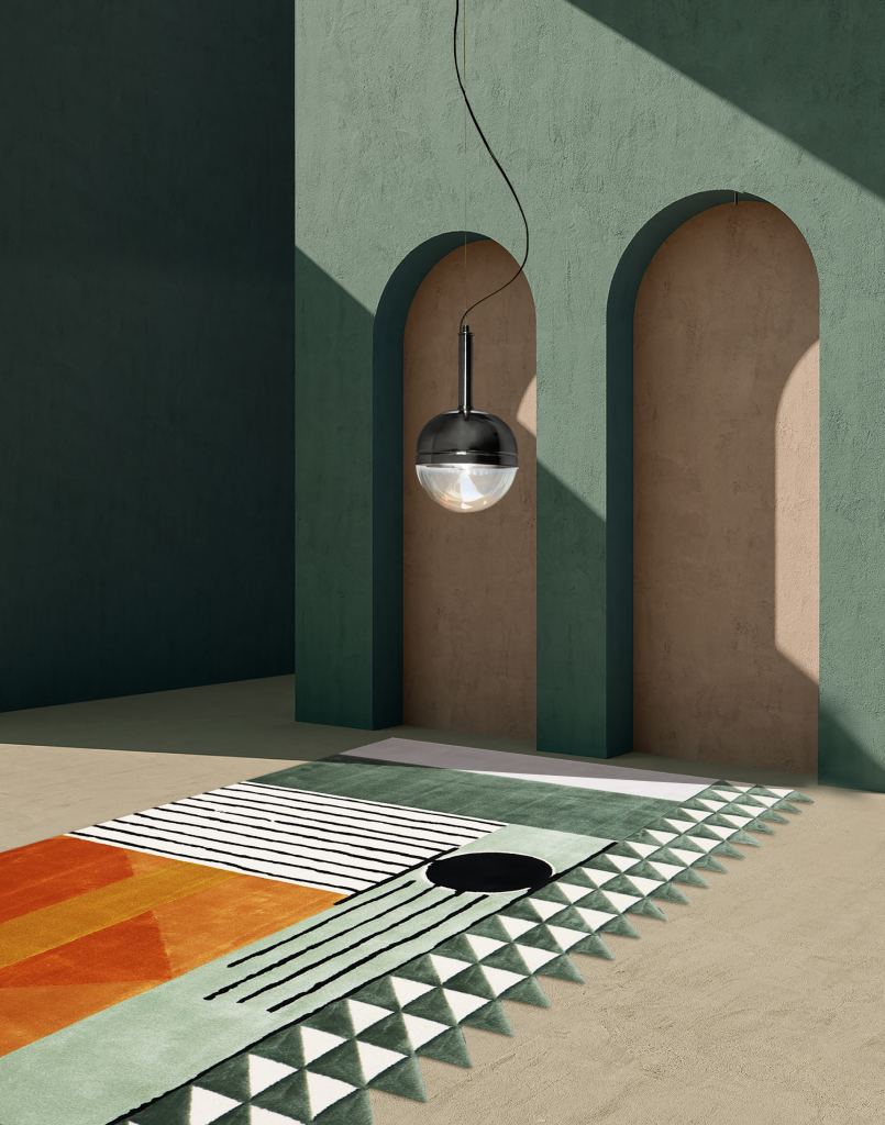SIMBA Rug by Rug’Society, a geometric rug combining patterns, textures, and artistic techniques, designed as a bold statement piece for contemporary, eclectic, or classic interiors.