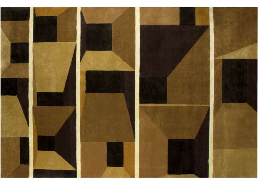 WEST Rug by Rug’Society, a handmade geometric rug in warm wood-brown shades, combining hand-tufted, over-tufting, and carving techniques for a luxurious Mid-Century inspired interior.