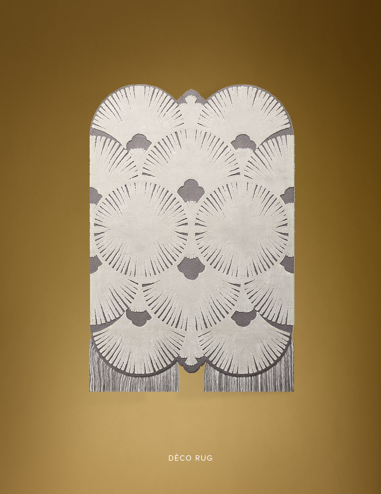 30 statement rugs featuring the Déco rug with symmetrical Art Deco-inspired patterns in neutral tones and fringe detailing