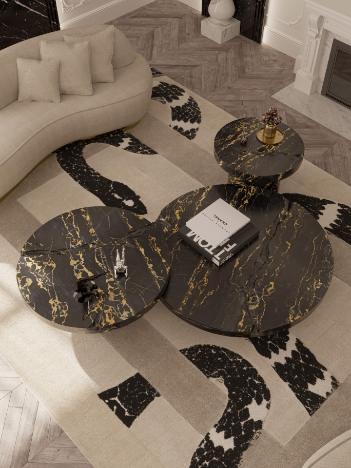 A classic luxury living room featuring the Imperial Snake rug in cream botanical silk. The design highlights 2026 rug trends: high-low pile heights, biophilic snake motifs, sustainable botanical silk, 3D textural weaving, monochromatic layering, oversized statement runners, fringeless borders, hand-tufted precision, silk-reflective surfaces, storytelling through decor, warm minimalism, maximalist symbolism, curved silhouettes, heritage-inspired patterns, artisanal craftsmanship, eco-friendly luxury fibers, muted champagne palettes, architectural floor art, fluid organic lines, and tactile comfort.