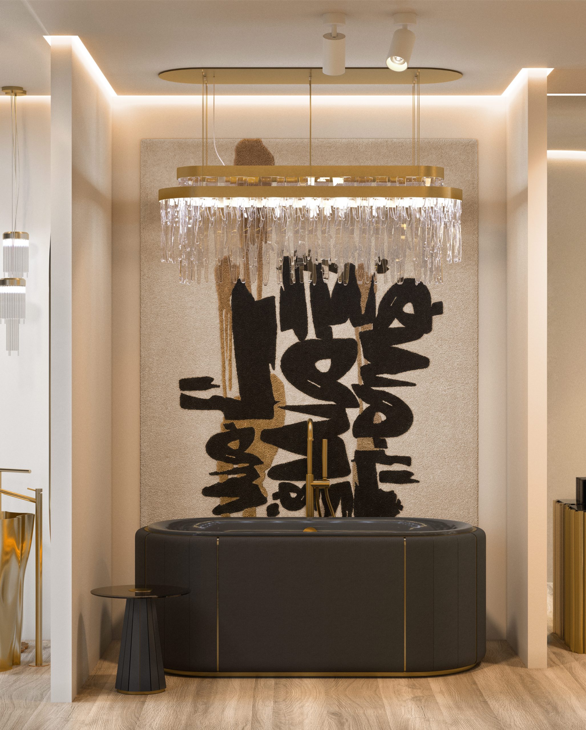 Luxury bathroom setup at Milan Design Week 2026 featuring a black upholstered bathtub and a large abstract Rug'Society wall rug.