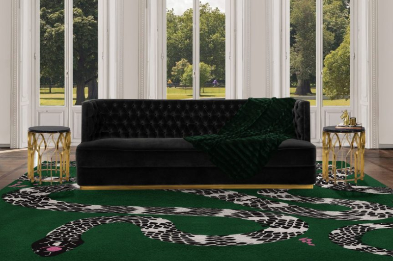 Splendid living room with snake Rug in green color and bourbon sofa with side tables