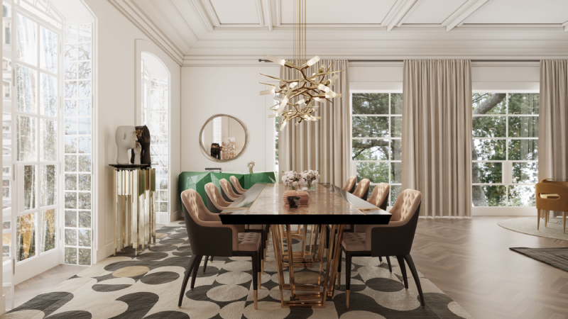 Classic dining room with Yarsa rug in neutral tones with dining table and velvet dining chairs