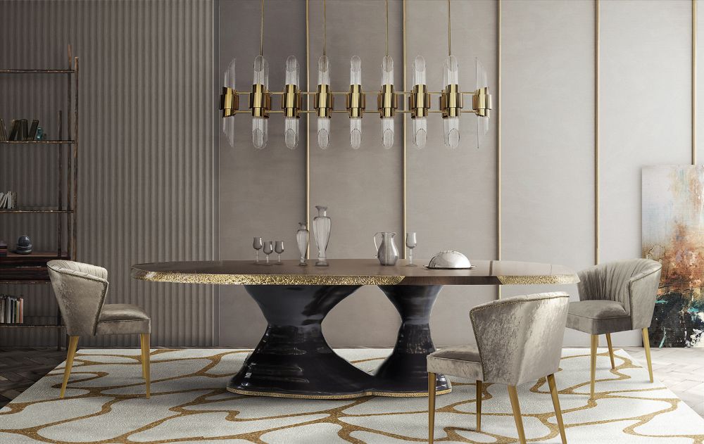 luxurious dining room with Cell Rug and black and gold dining table with velvet contemporary dining chairs