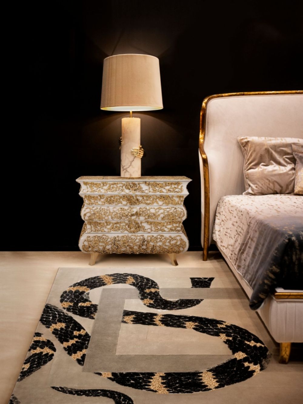 Unique rug ideas for your bedroom and Closet modern classic vintage bedrrom with Imperial snake rug in golden and neutral colors