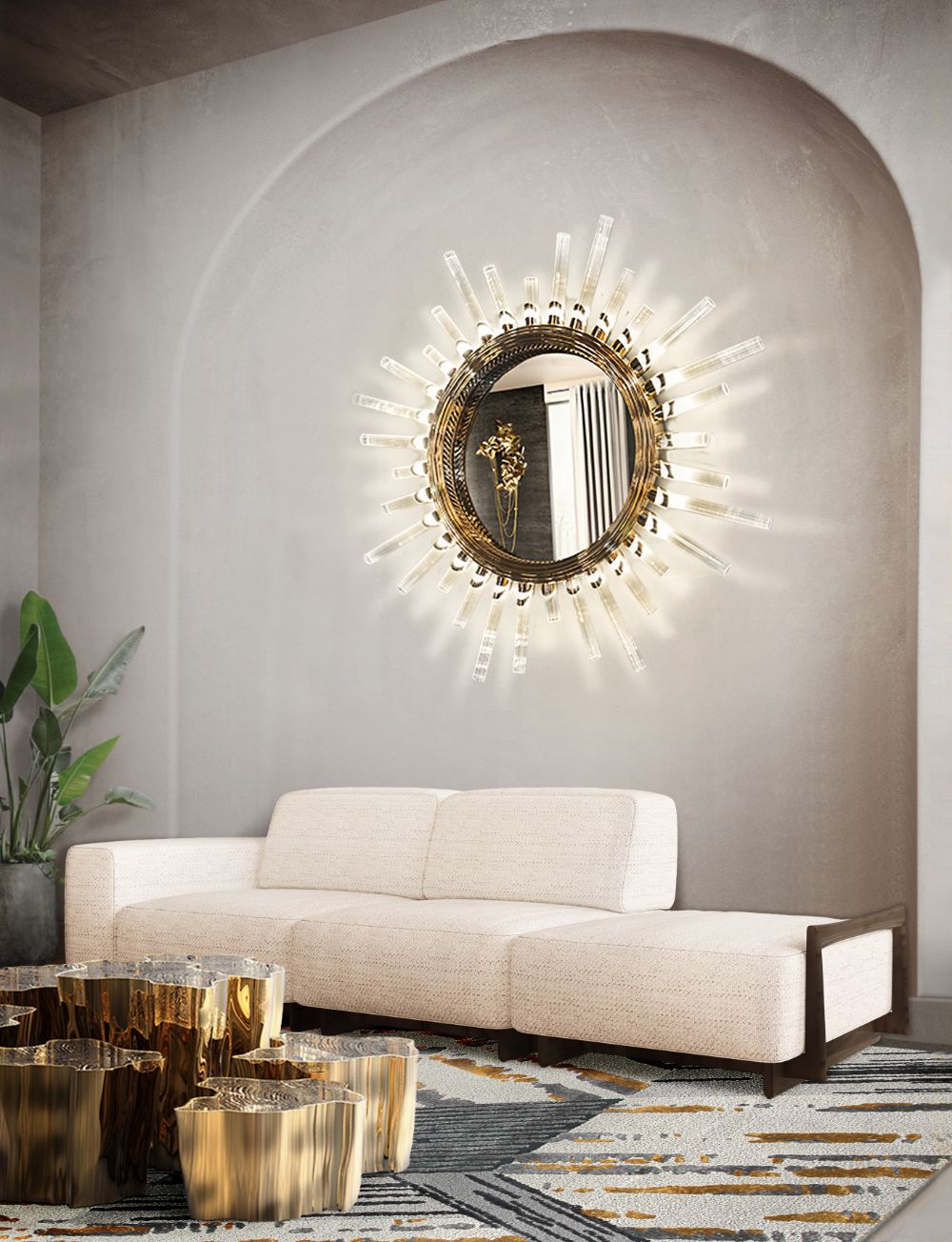 Astonishing Luxurious Rugs For A Stylish Interior, modern living room with Xisto Rug, golden round mirror, white sofa, gold center table
