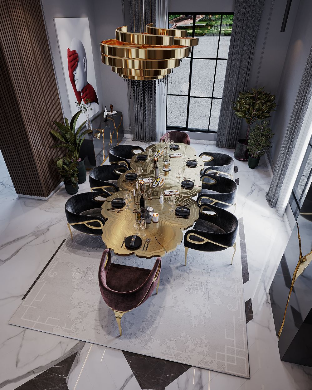 modern dining room with Ruin rug, golden chandelier, velvet dining chairs and wooden patterned dining table