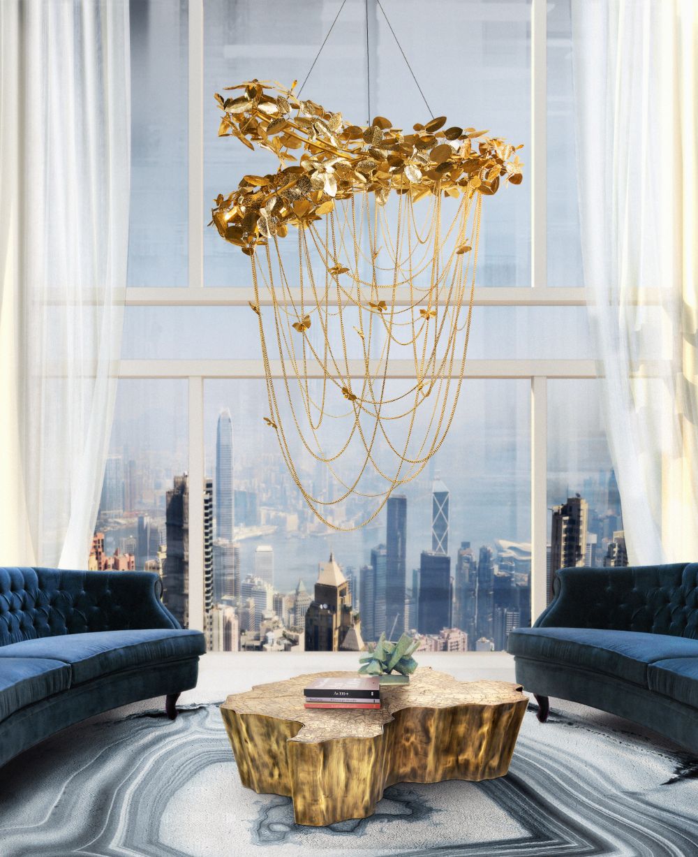 Astonishing Luxurious Rugs For A Stylish Interior, modern mid-century living room with Agatha Rug, golden center table, blue velvet sofa