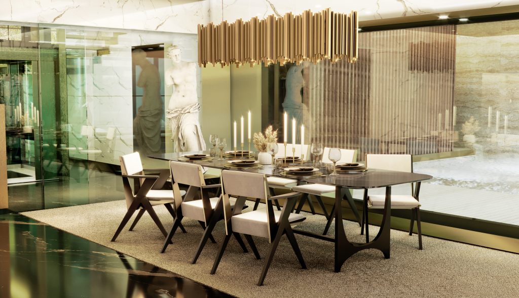 elegant dining room with lounge rug